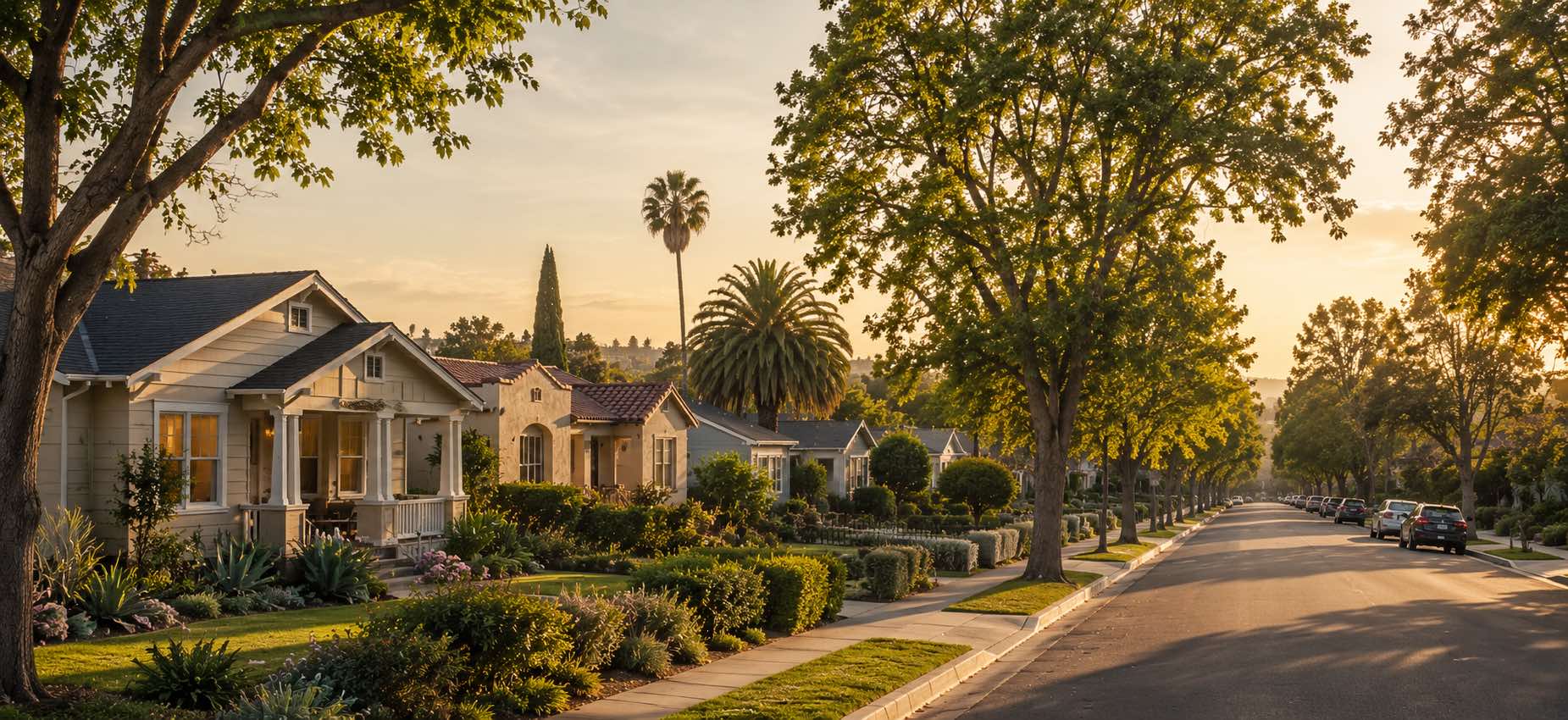 Quiet Culver City residential street — craftsman bungalows and mature trees in warm California light
