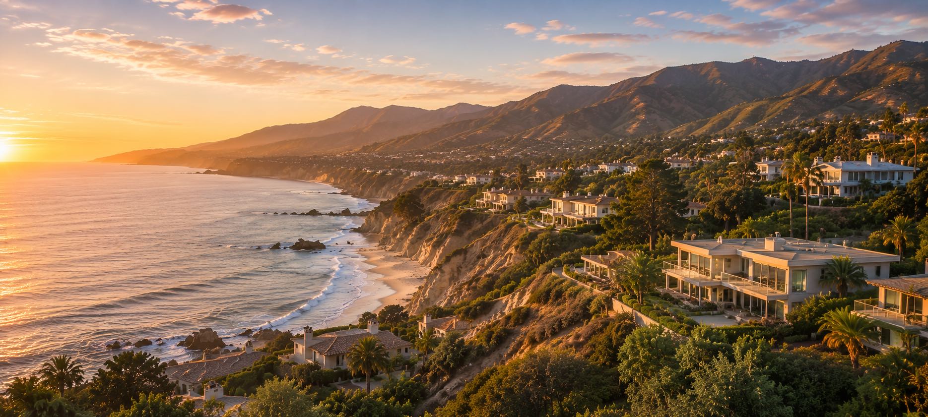 Malibu at golden hour — coastal bluff where the Santa Monica Mountains meet the ocean, with hillside homes
