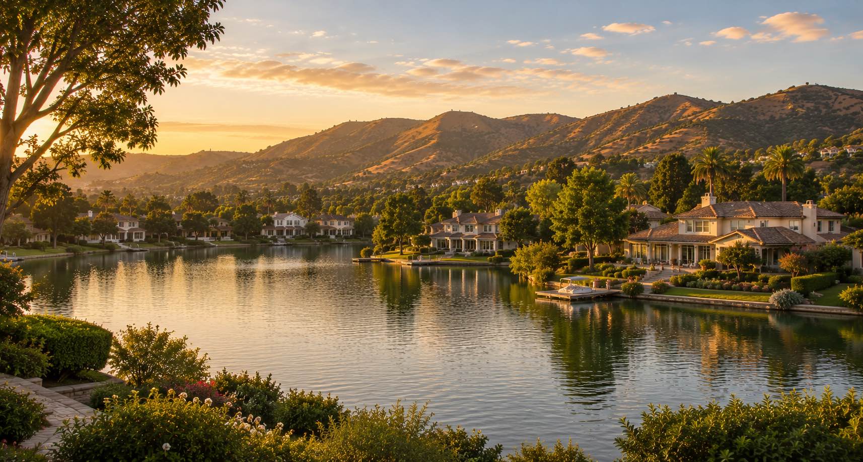 Westlake Village at golden hour — upscale homes along a calm lake shoreline with mature trees and hills behind