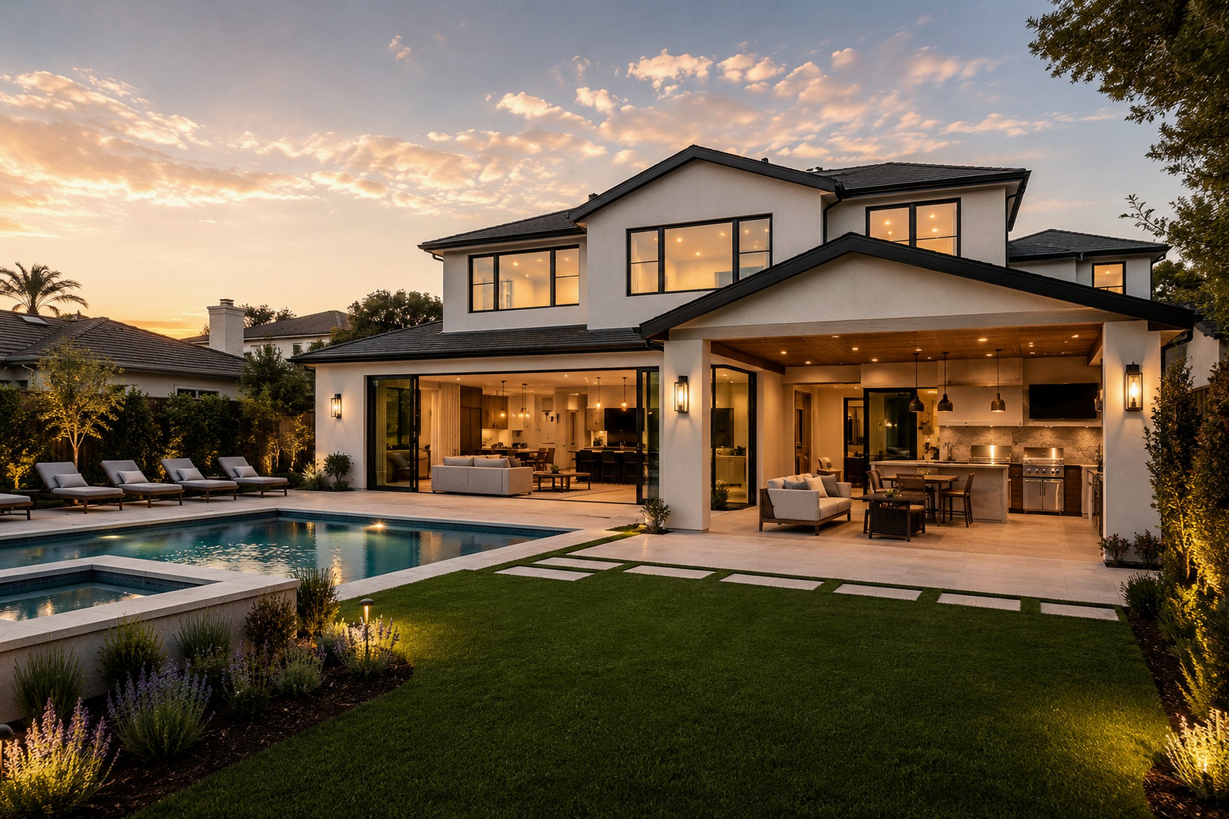 Completed Udi's Construction whole-home remodel with two-story exterior, indoor-outdoor living, covered patio, outdoor kitchen, landscaped yard, and pool
