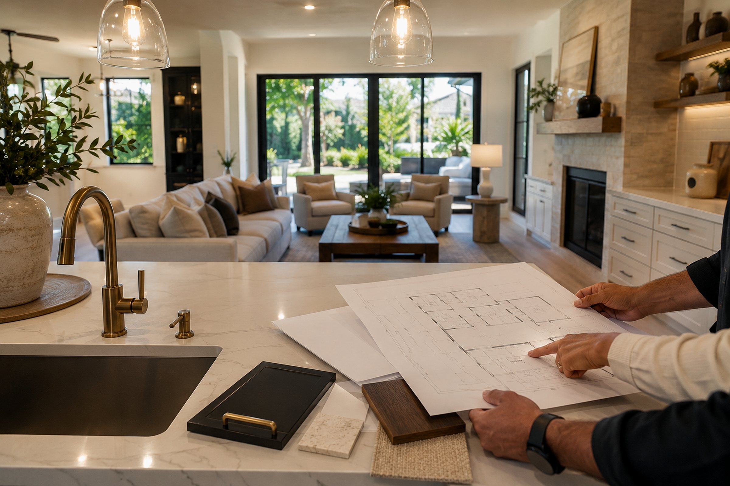 Completed open-plan remodel with plans and material samples on a kitchen island during a homeowner walkthrough