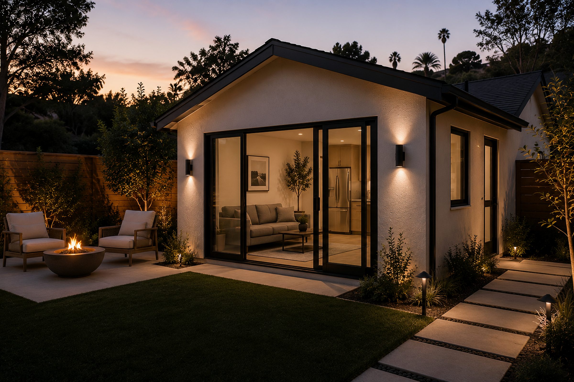 Finished detached backyard ADU with light stucco exterior, black-framed glass doors, compact living area, kitchenette, patio, fire pit, and landscape lighting