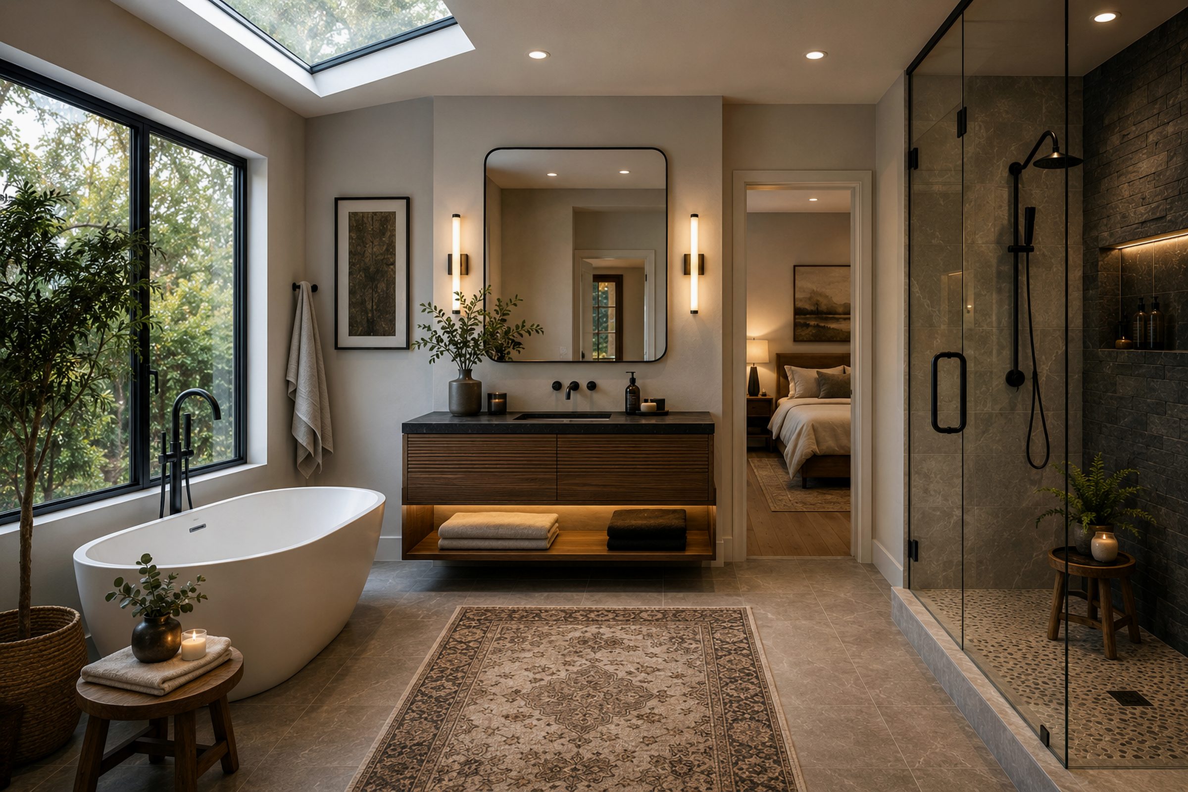 Modern bathroom remodel with freestanding tub, floating wood vanity, glass walk-in shower, skylight, black fixtures, and garden views
