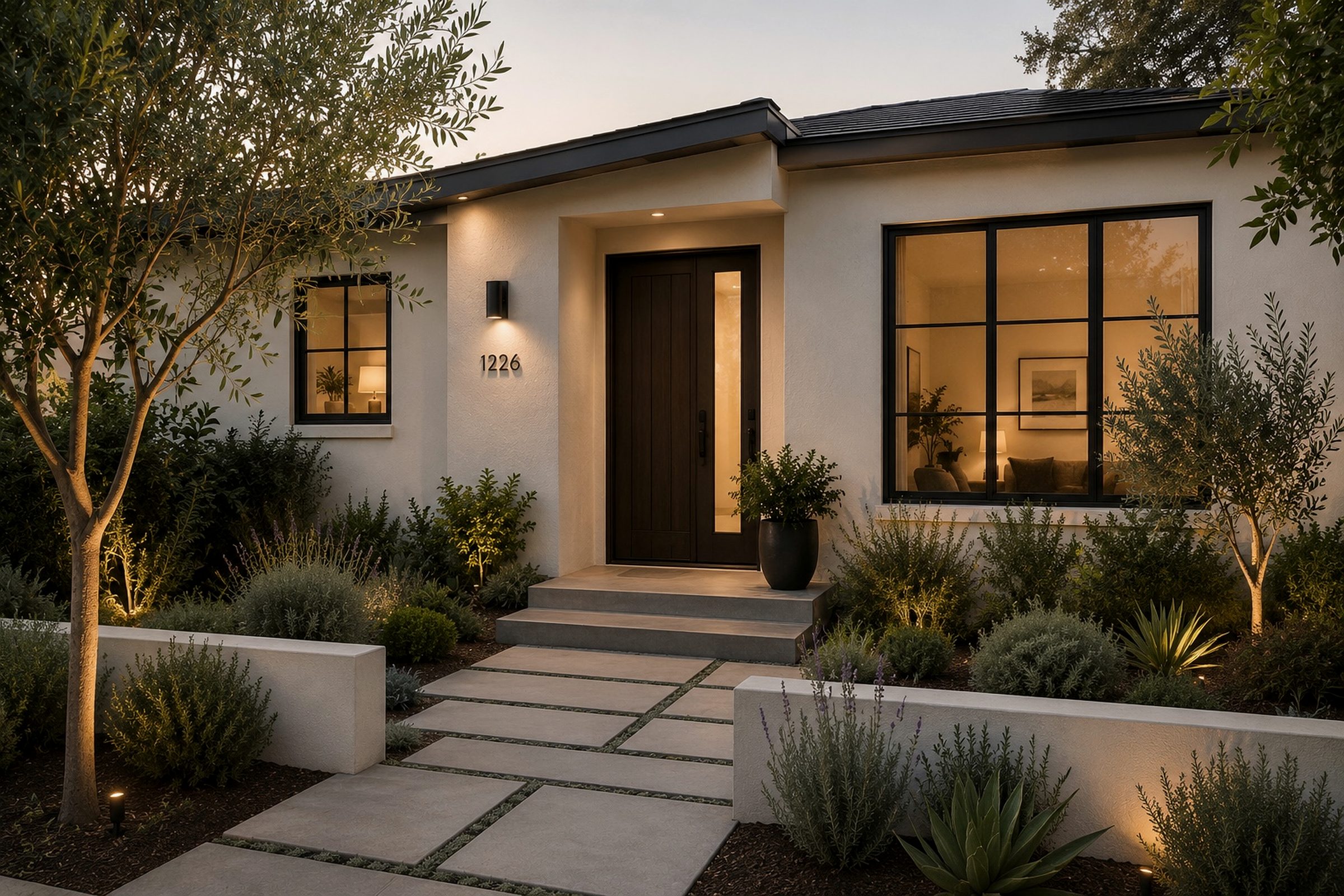 Exterior curb appeal remodel with modern entry door, black-framed windows, walkway, landscape lighting, and drought-tolerant planting