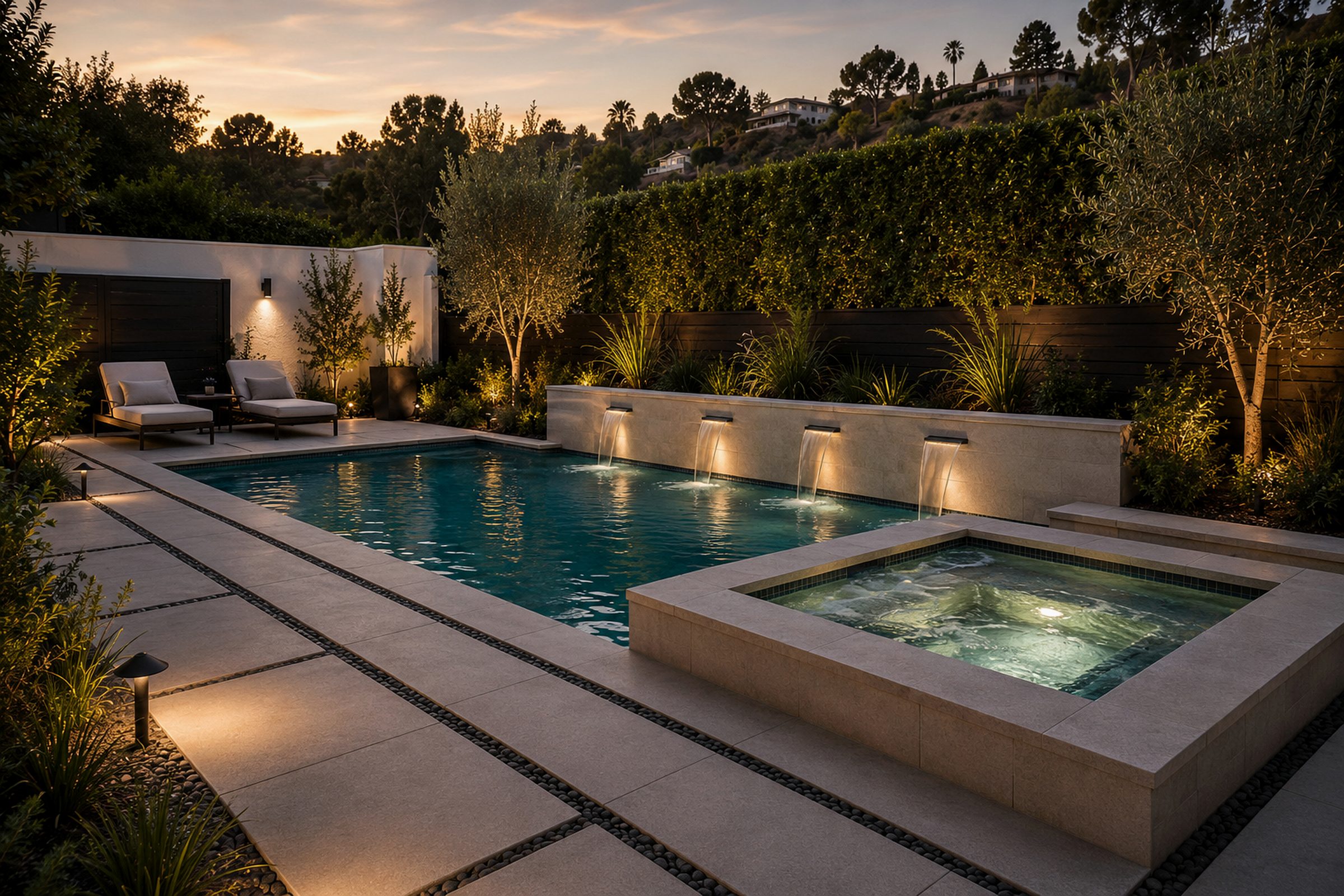 Hardscape and pool surround remodel with large-format concrete pavers, raised spa, pool water features, landscape lighting, and hillside views