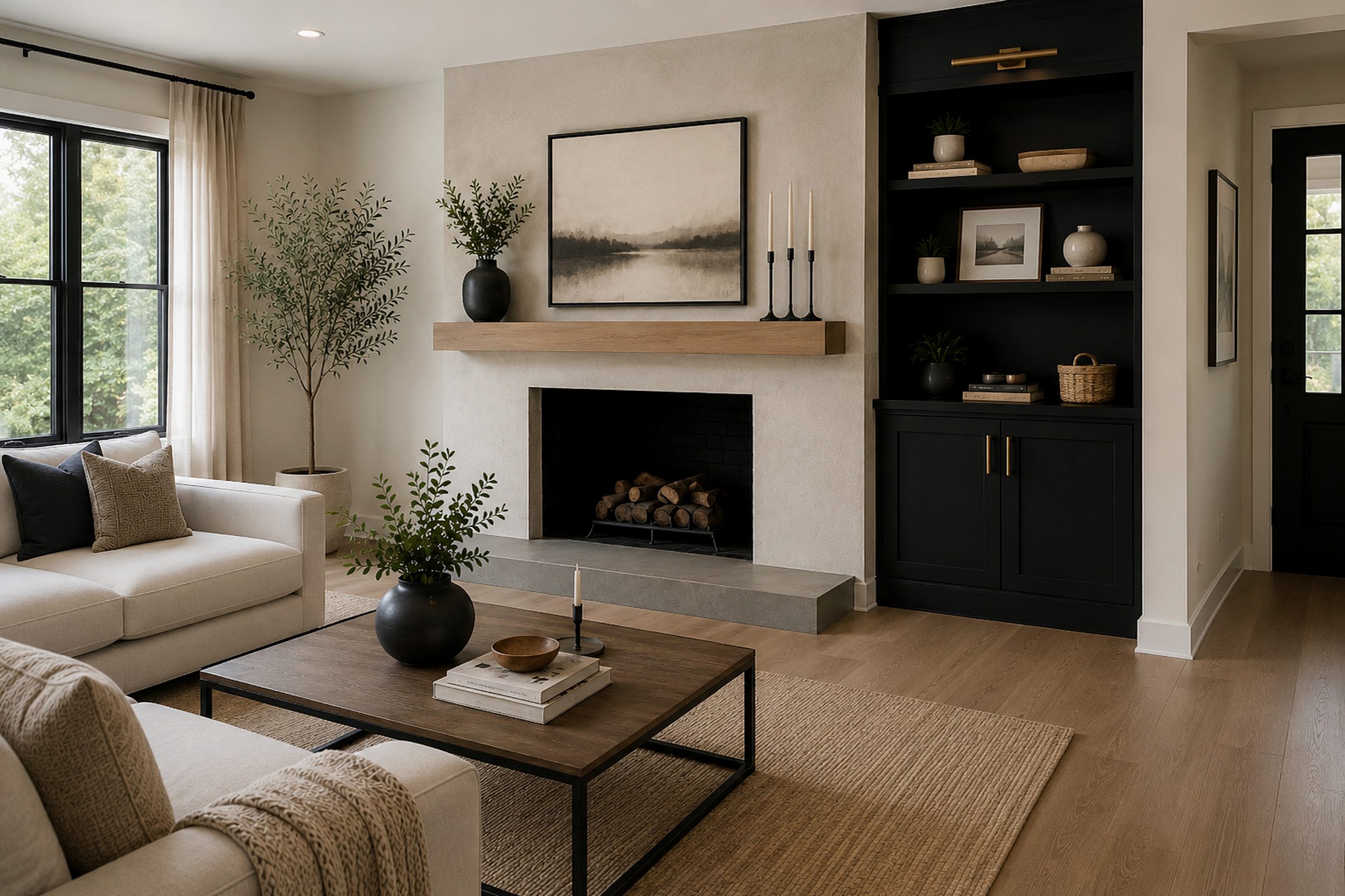 Interior upgrade with a modern fireplace, black built-in cabinetry, wood flooring, neutral furnishings, and natural light