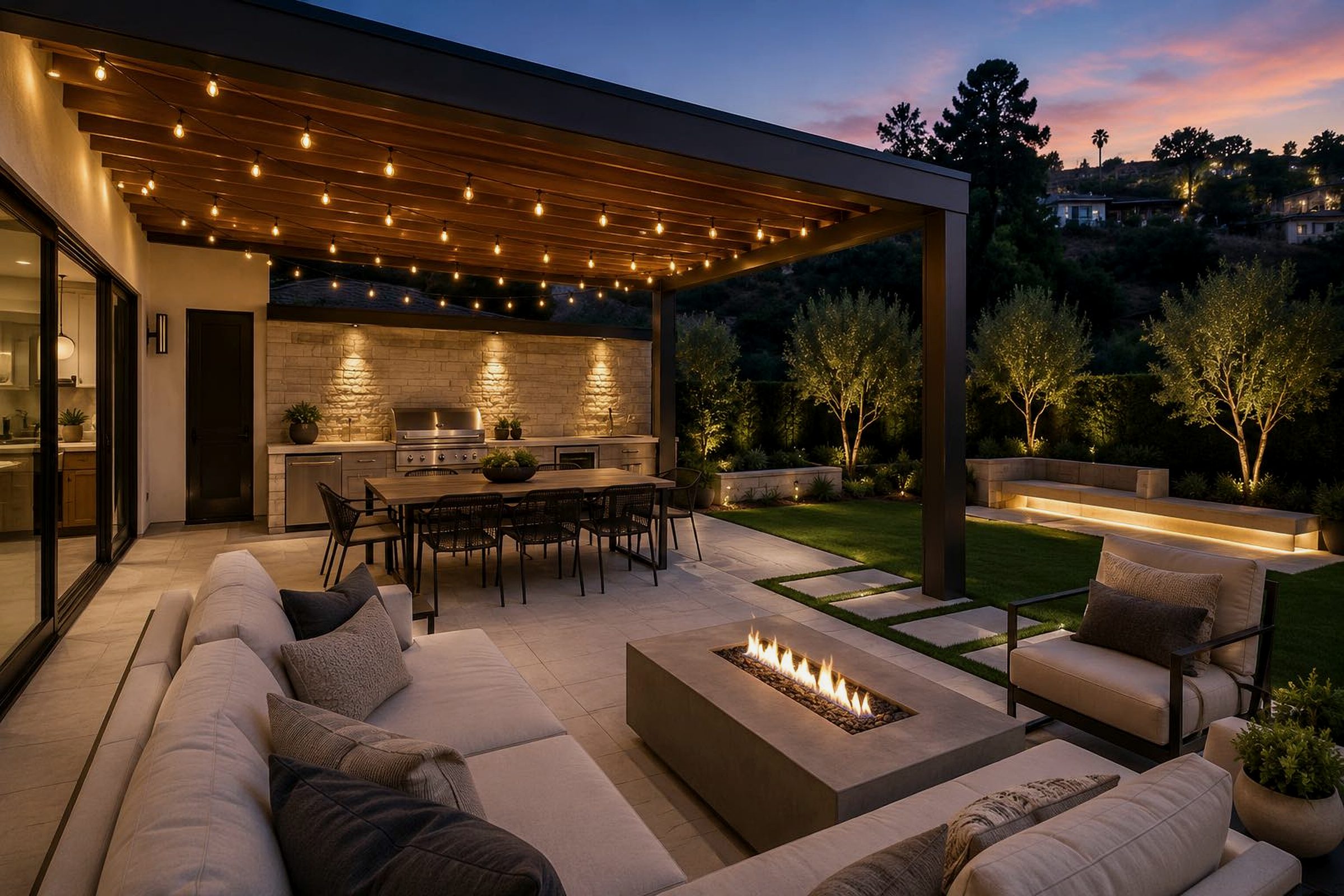 Outdoor living remodel with covered patio, outdoor kitchen, dining area, fire pit, lounge seating, and landscape lighting