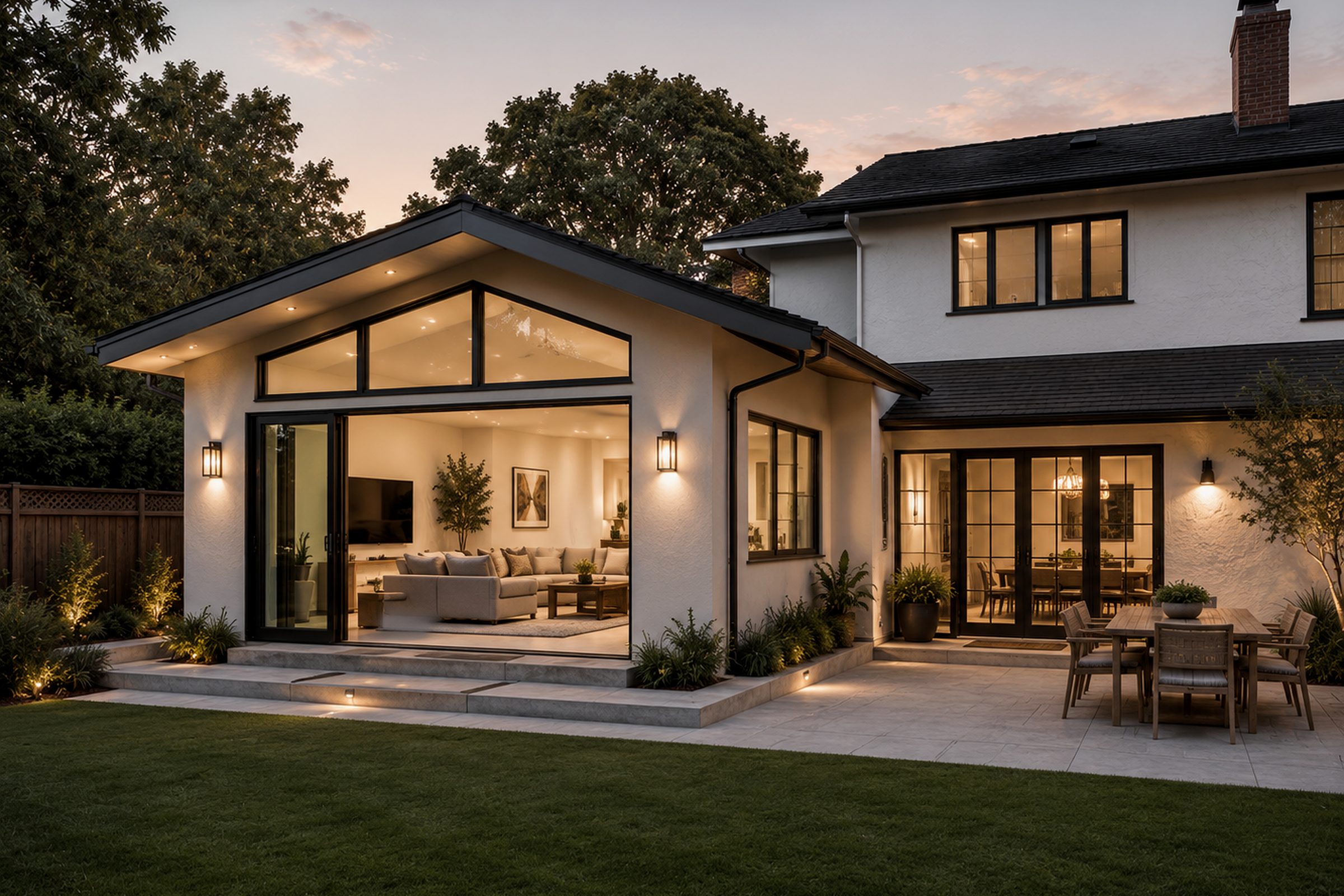 Finished room addition connected to the original two-story home with a new gabled living space, black-framed glass doors, patio, and landscaped backyard