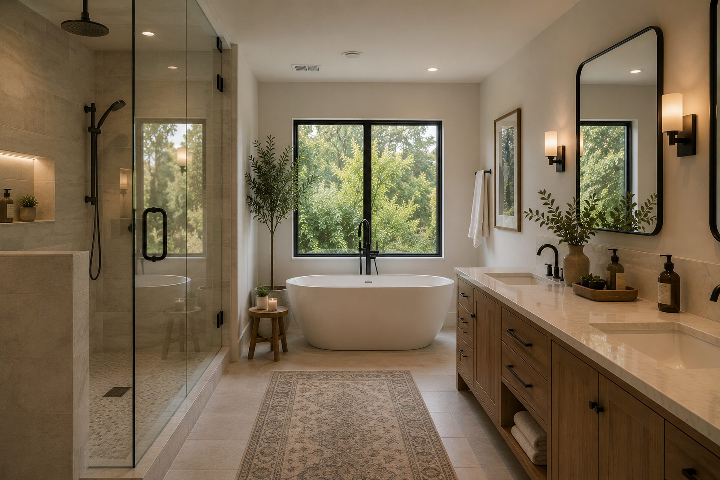 Spa-style bathroom remodel with glass walk-in shower, freestanding tub, warm wood vanity, black fixtures, natural light, and garden views