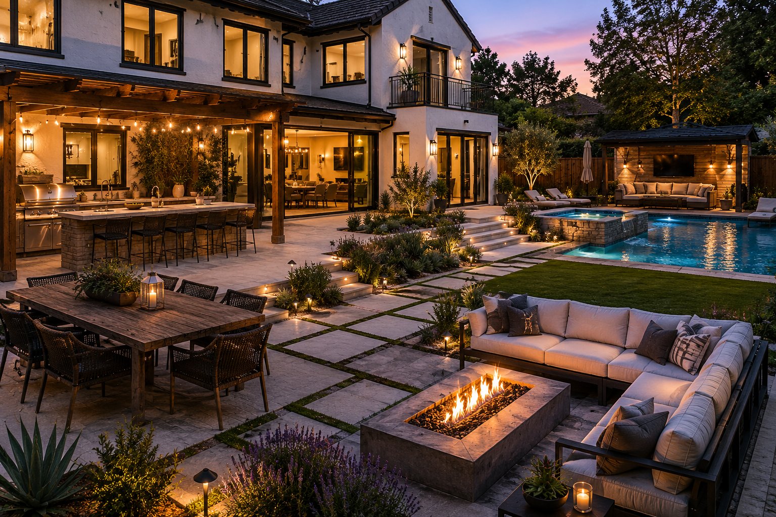Exterior and yard remodel with outdoor kitchen, patio, pool, fire pit, hardscape, and landscape lighting