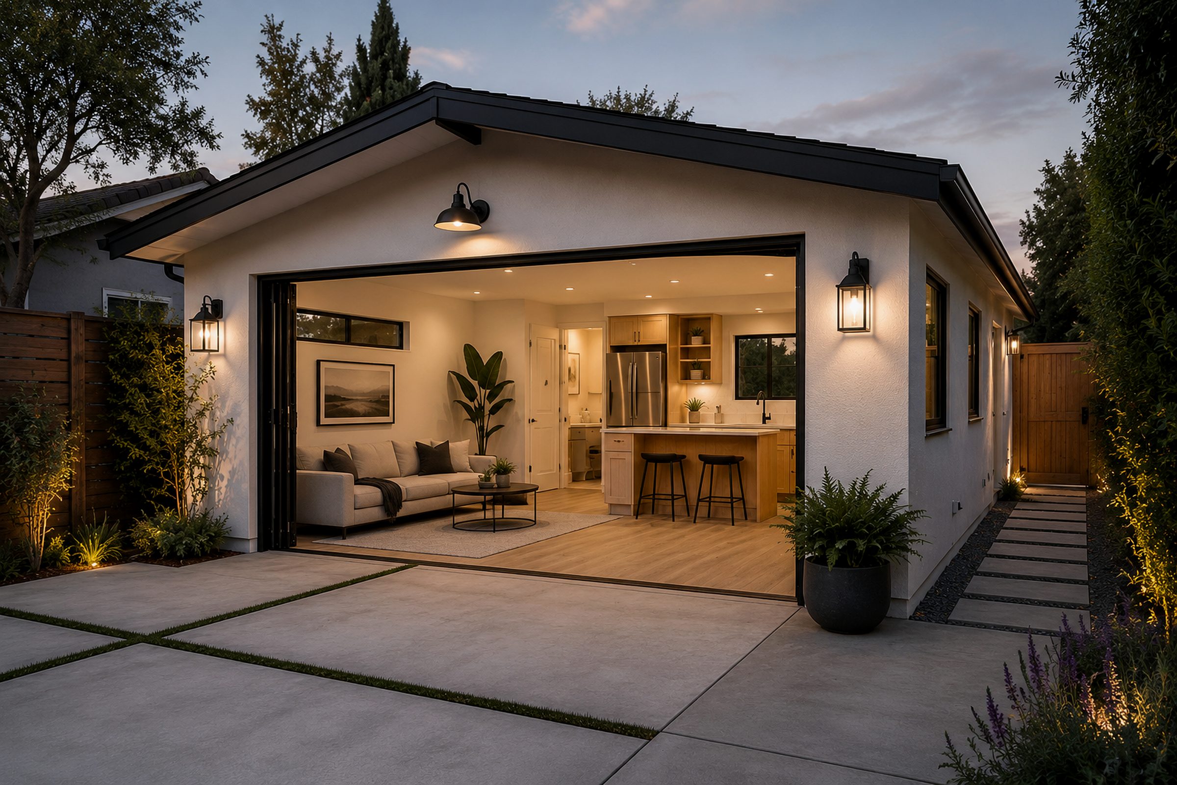 Garage conversion ADU with open living area, kitchenette, large glass opening, and landscaped patio