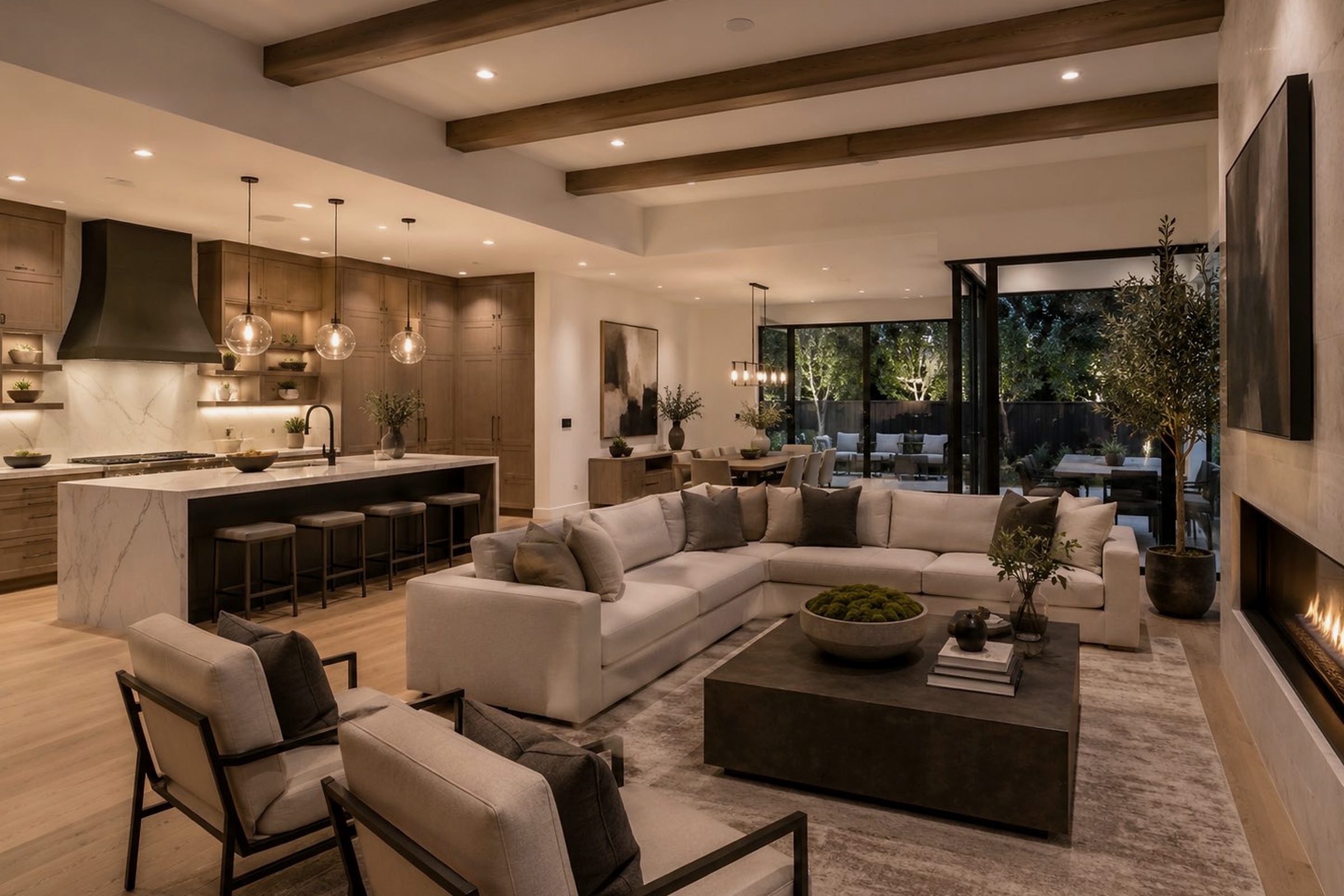 Open-concept interior remodel with living room, kitchen, wood beams, recessed lighting, and indoor-outdoor flow