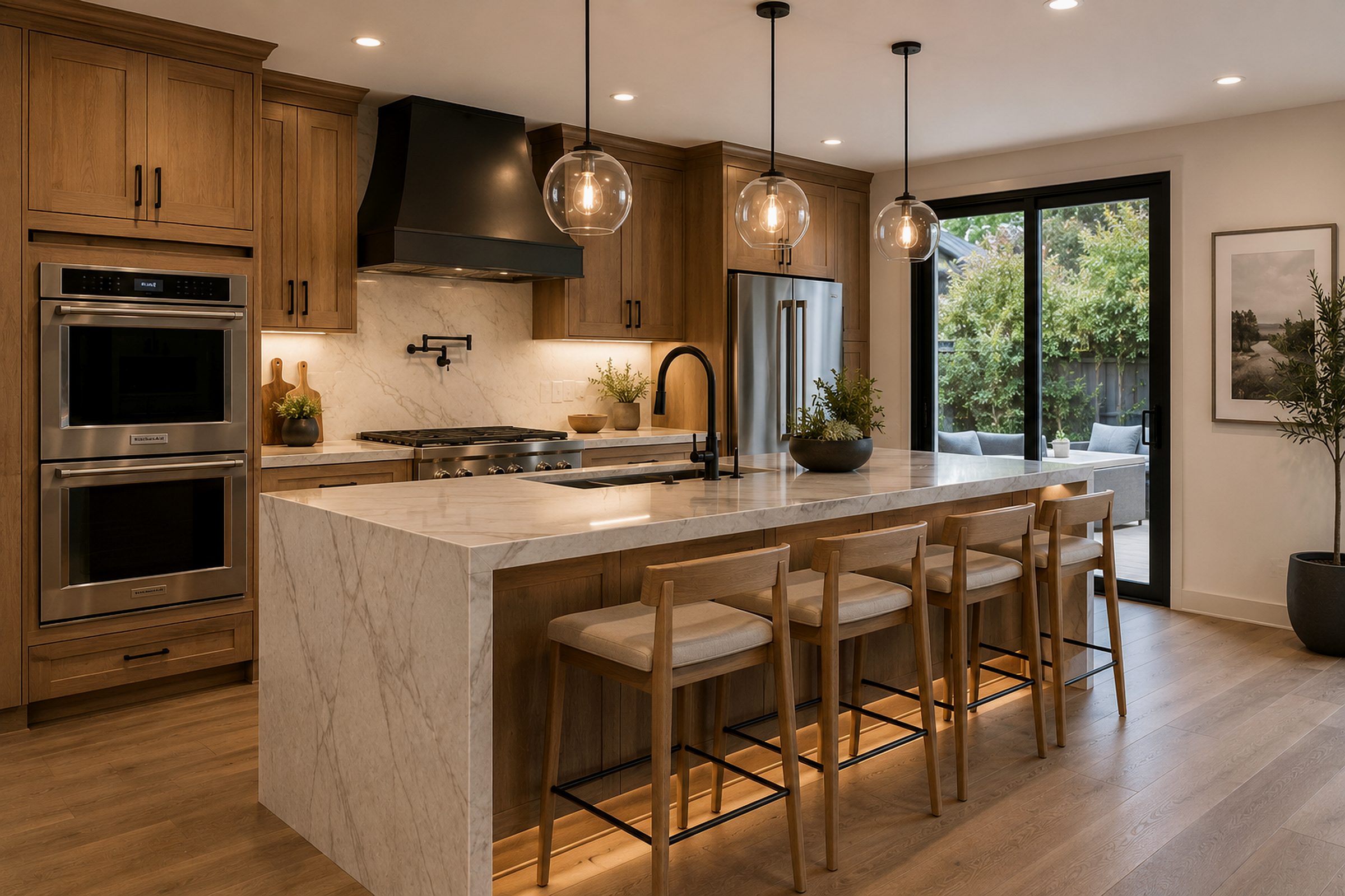 Premium kitchen remodel with warm wood cabinetry, marble waterfall island, stainless appliances, pendant lighting, and indoor-outdoor access