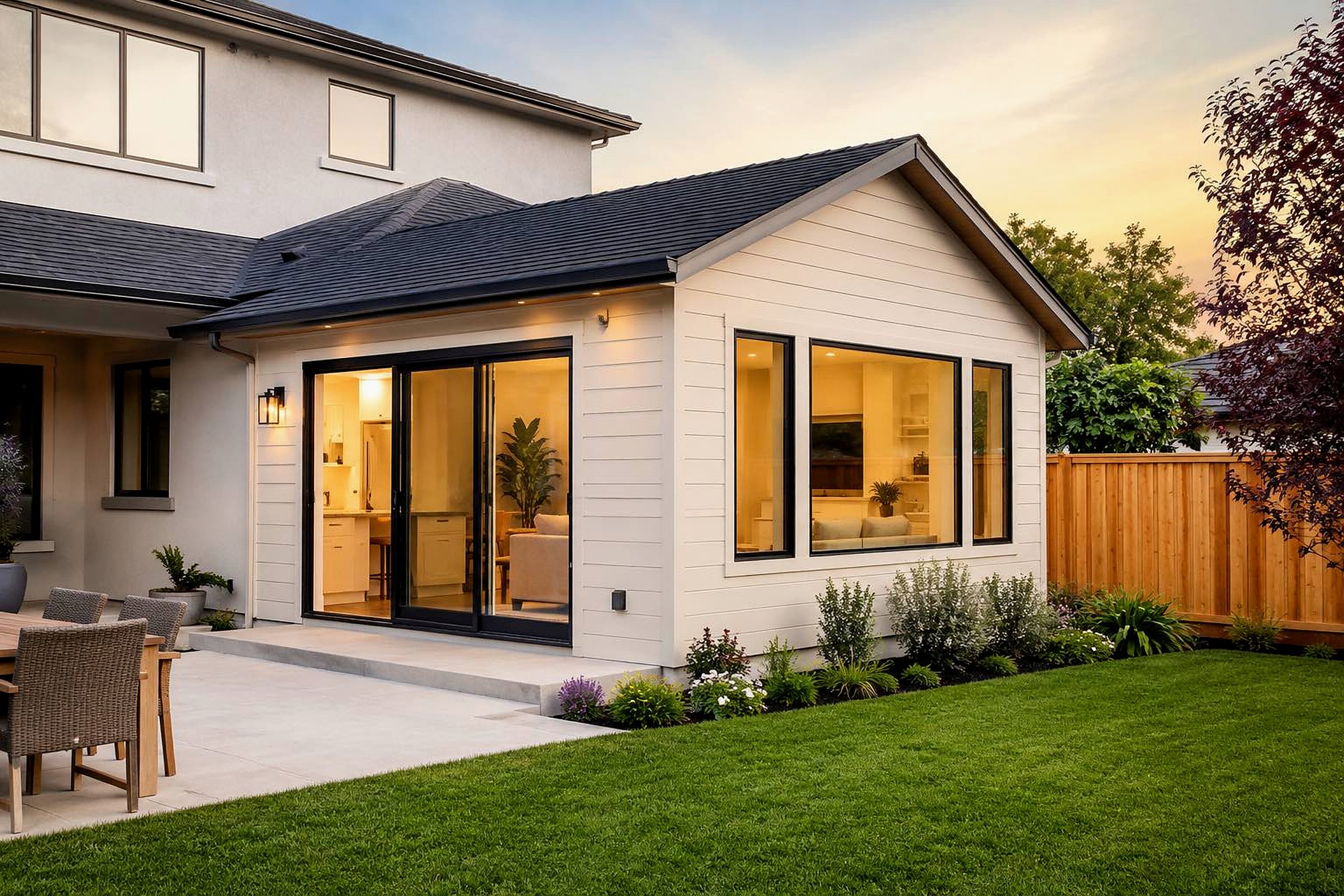Finished room addition with white siding, black windows, patio doors, and landscaped backyard